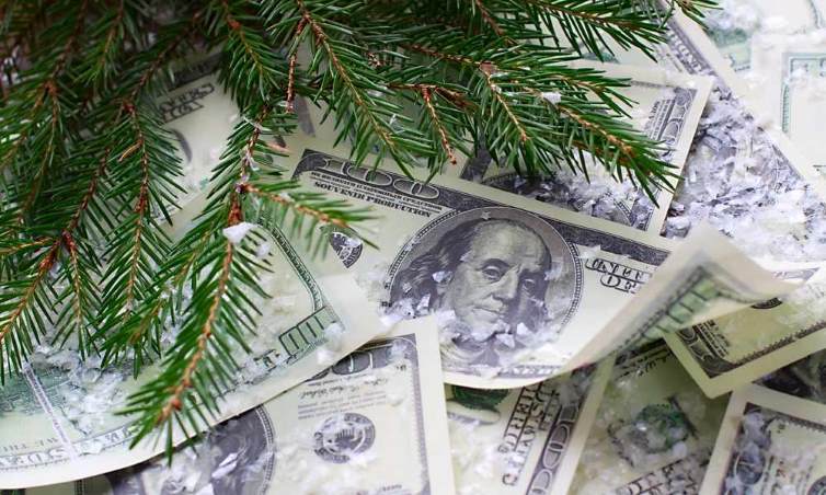 Новогоднее денежное дерево из евро и долларов, банк Нейва